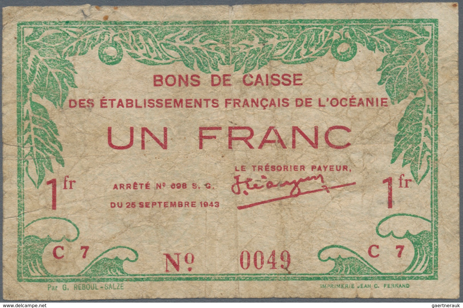 French Oceania / Französisch Ozeanien: 1 Franc L.25.09.1943 P. 11c, Well Used With Many Folds And Cr - Ohne Zuordnung