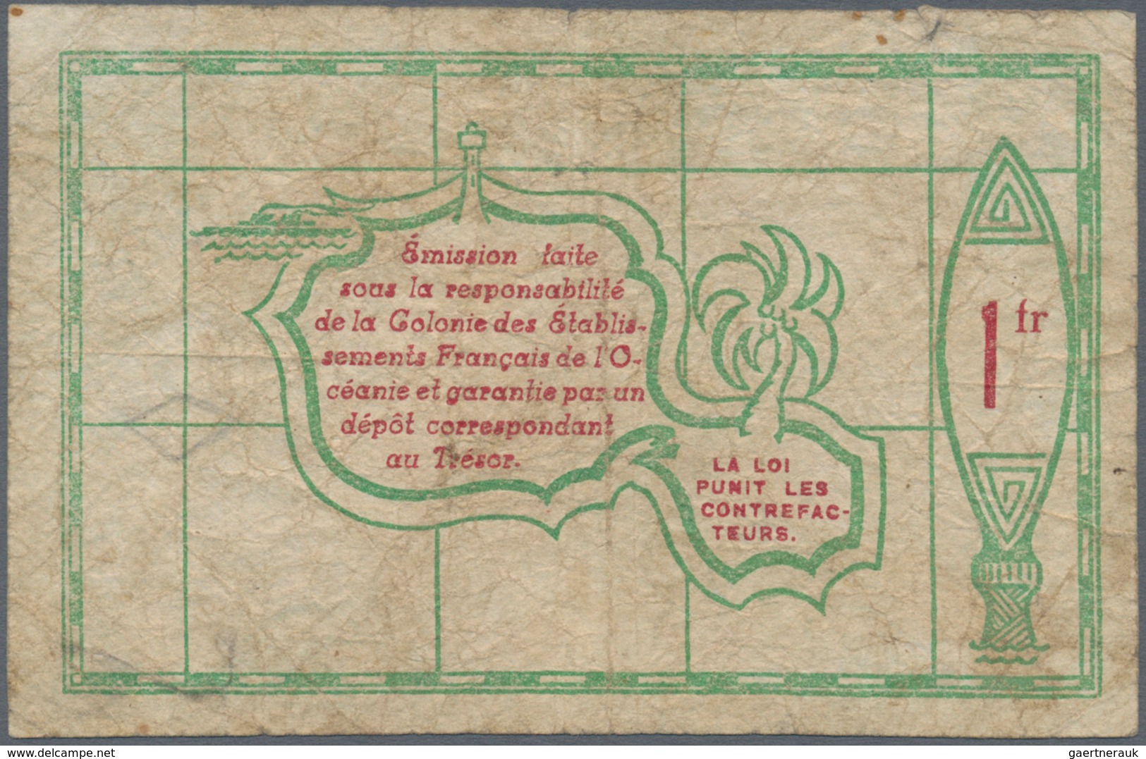 French Oceania / Französisch Ozeanien: 1 Franc L.25.09.1943 P. 11c, Well Used With Many Folds And Cr - Non Classés