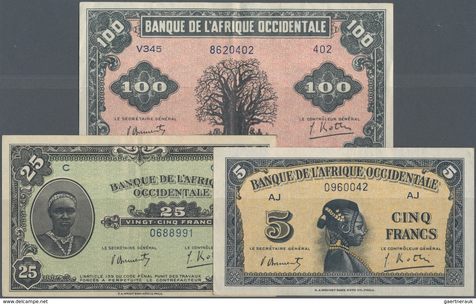 French West Africa / Französisch Westafrika: Set Of 3 Notes Containing 5, 25 & 100 Francs ND P. 28, - Westafrikanischer Staaten