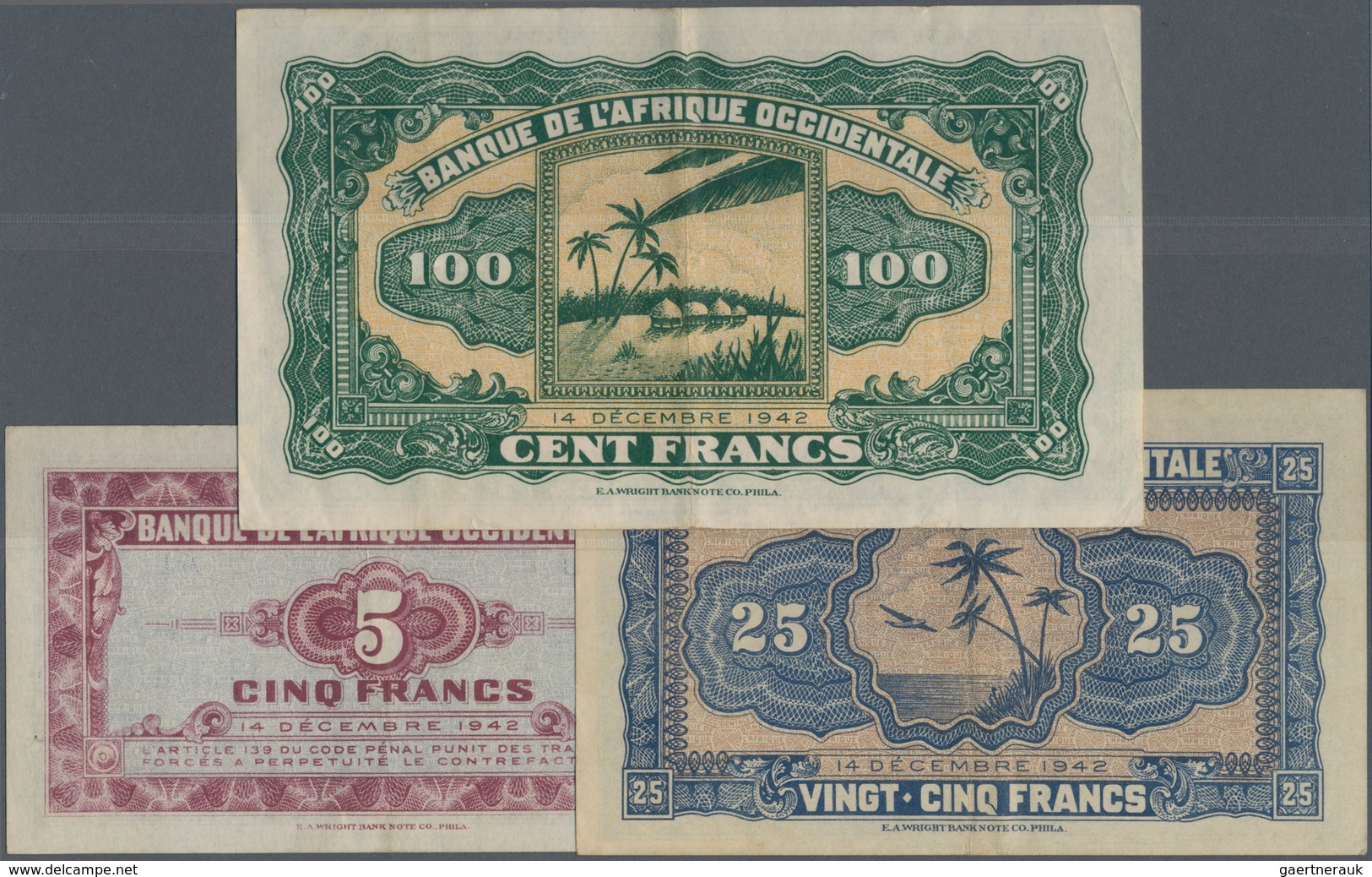 French West Africa / Französisch Westafrika: Set Of 3 Notes Containing 5, 25 & 100 Francs ND P. 28, - Westafrikanischer Staaten