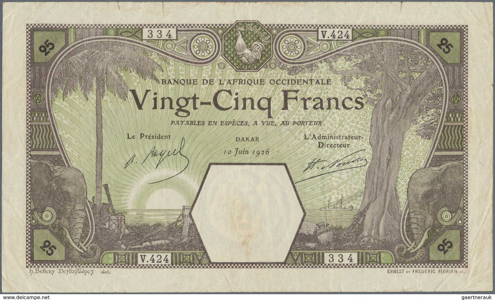 French West Africa / Französisch Westafrika: 25 Francs 1926 DAKAR P. 7Bc In Used Condition With Fold - Westafrikanischer Staaten