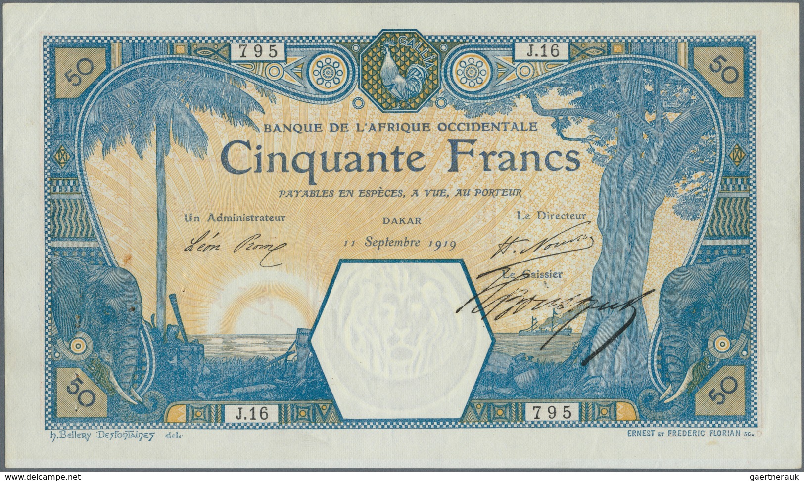 French West Africa / Französisch Westafrika: 50 Francs 1919 DAKAR P. 9Ba, Very Rare Early Date In Ex - Westafrikanischer Staaten