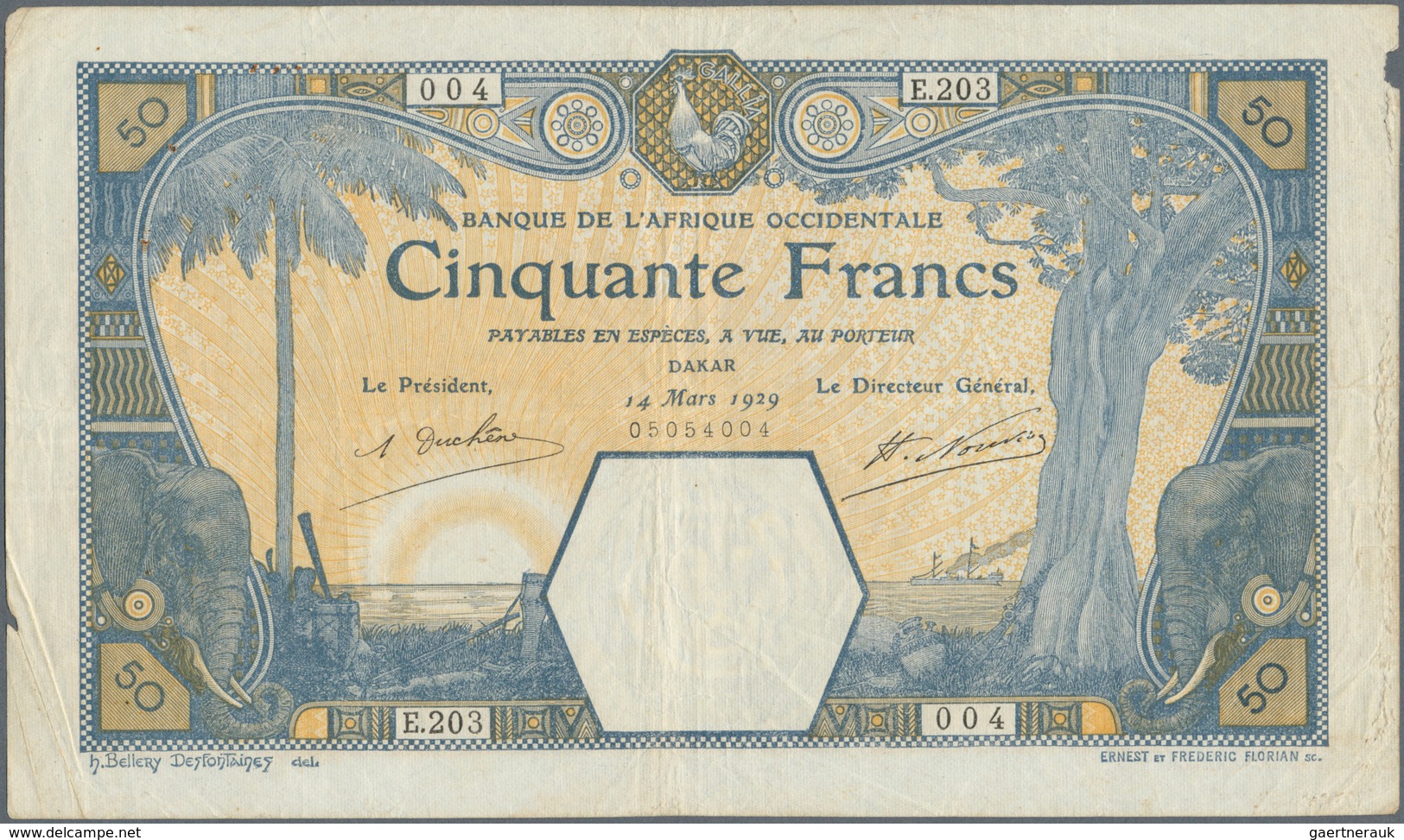 French West Africa / Französisch Westafrika: 50 Francs 1929 DAKAR P. 9Bc, With Additional Serial Num - États D'Afrique De L'Ouest