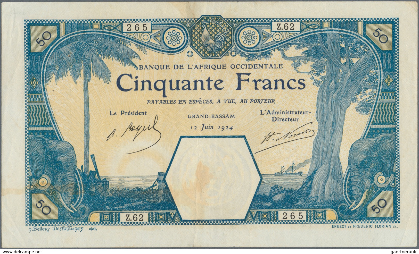 French West Africa / Französisch Westafrika: 50 Francs 1924 GRAND-BASSAM P. 9Db, Only Light Folds, A - États D'Afrique De L'Ouest