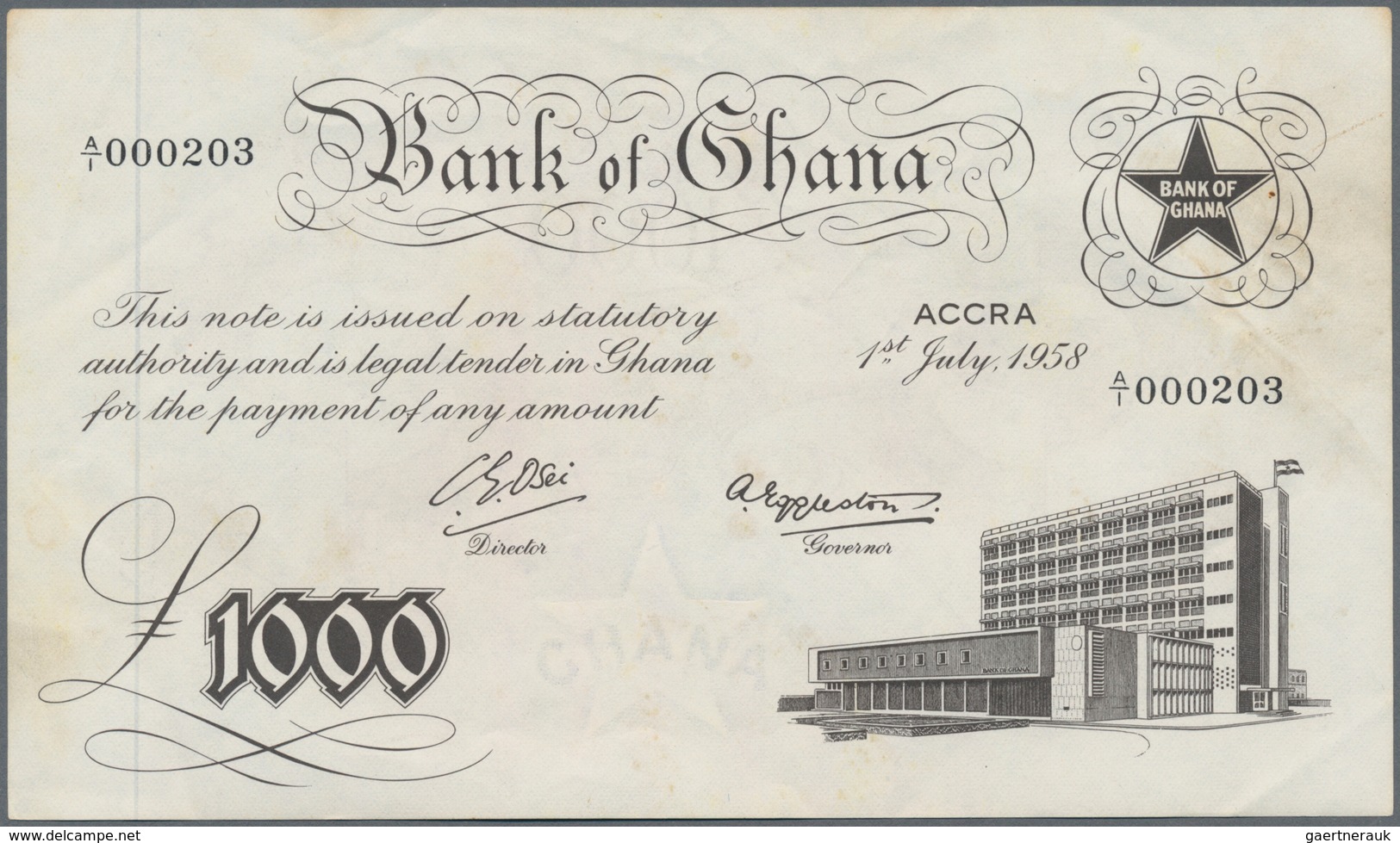 Ghana: 1000 Pounds 1958 P. 4, Light Dints And Handling In Paper, Minor Corner Folds, No Strong Folds - Ghana