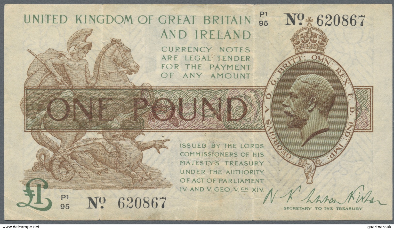 Great Britain / Großbritannien: 1 Pound 1922 P. 359a, Used With Some Folds And Light Stain, No Holes - Sonstige & Ohne Zuordnung