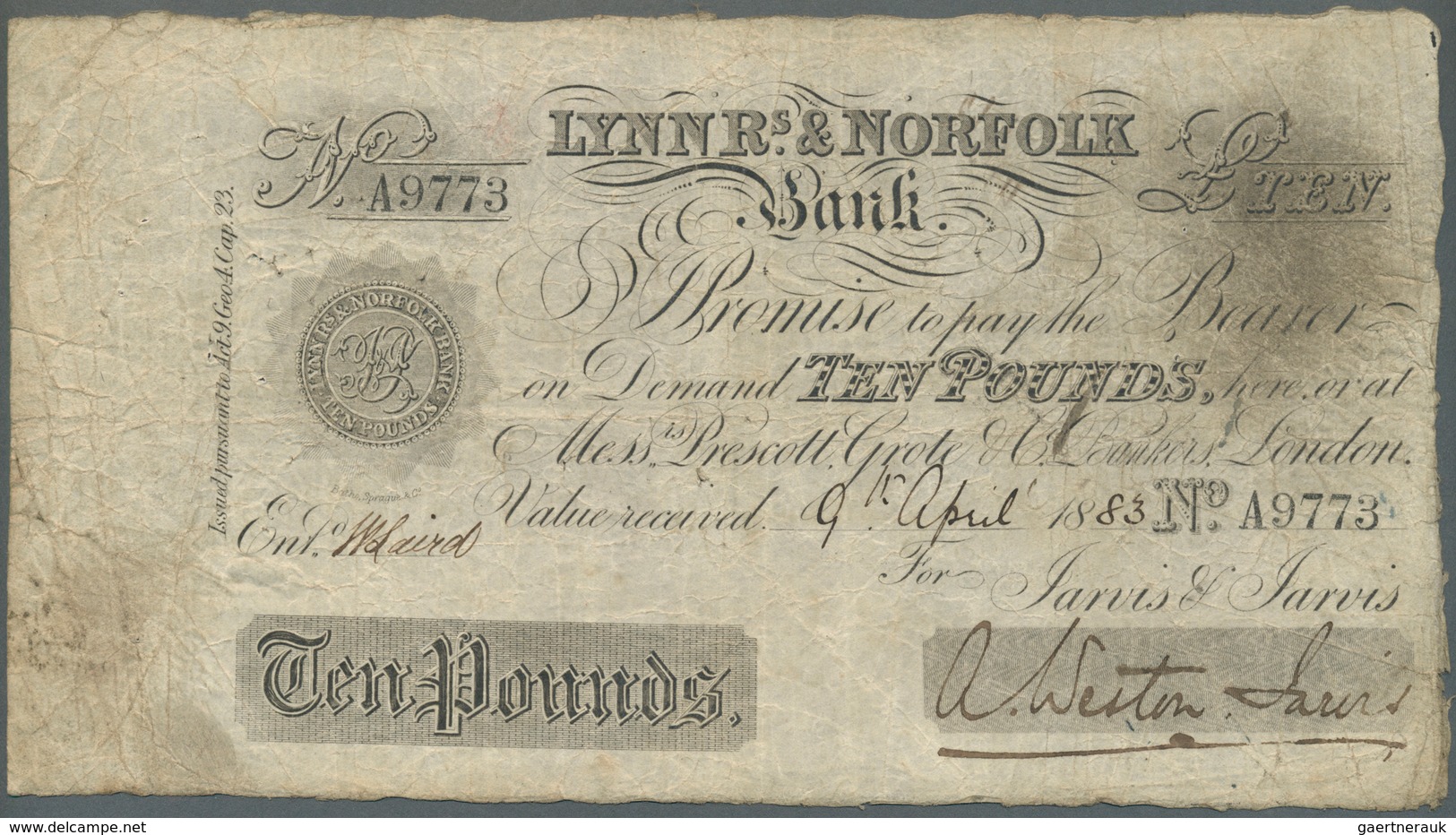 Great Britain / Großbritannien: Lynn Rs. & Norfolk Bank 10 Pounds 1883, Used With Folds And Creases, - Otros & Sin Clasificación