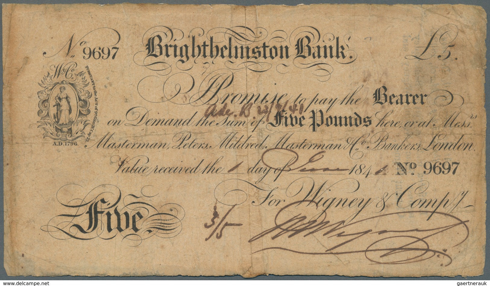 Great Britain / Großbritannien: Brightelmston Bank, 5 Pounds 1841 (Grant B.456), Stained, Torn And R - Autres & Non Classés