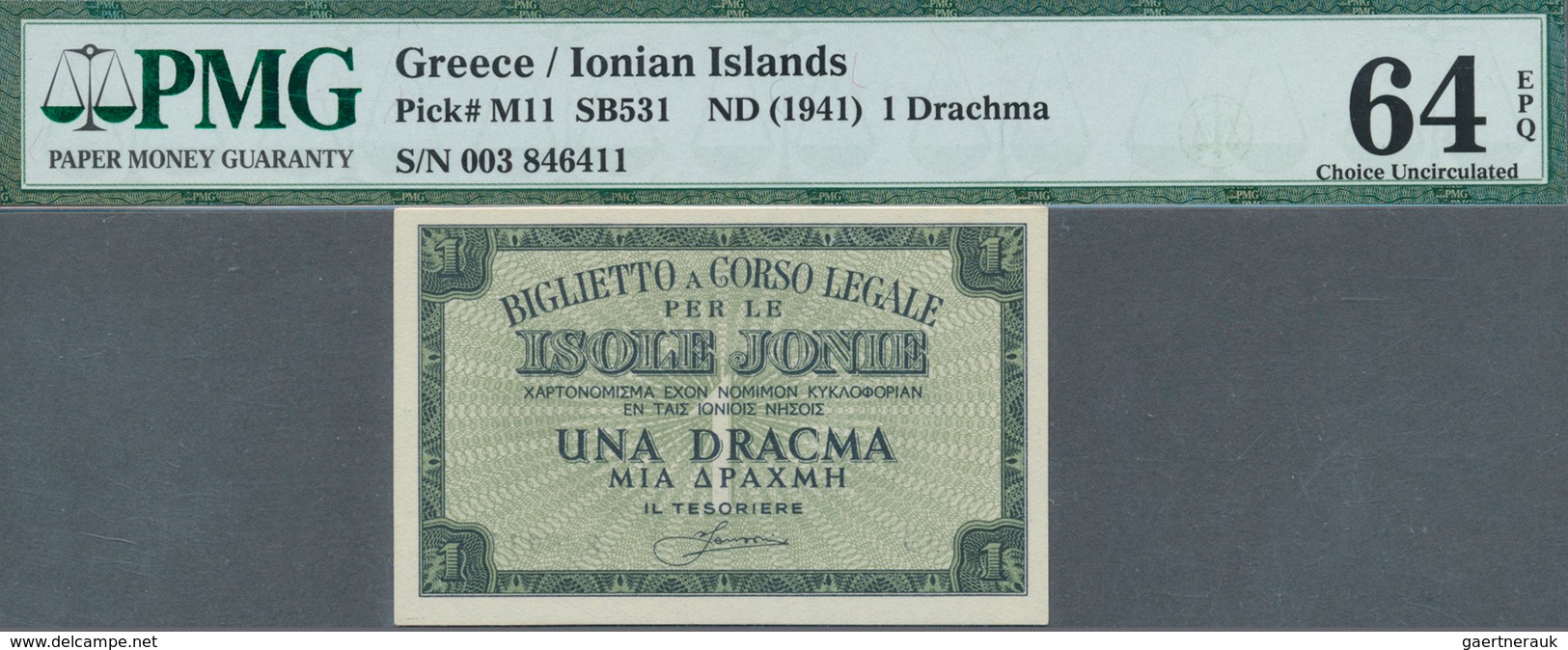 Greece / Griechenland: Ionian Islands 1 Drachma ND(1941), P.M11, PMG Graded 64 Choice Uncirculated E - Grecia