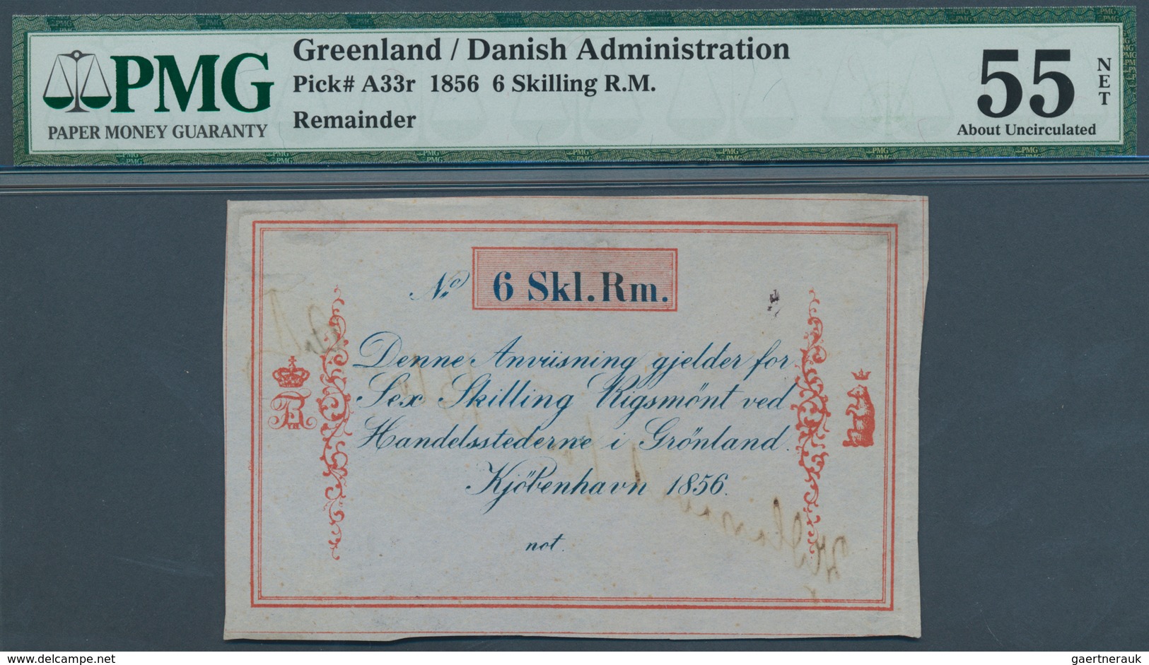 Greenland / Grönland: 6 Skilling 1856 Remainder P. A33r, Rare Note And Probably Unique As PMG Graded - Groenland