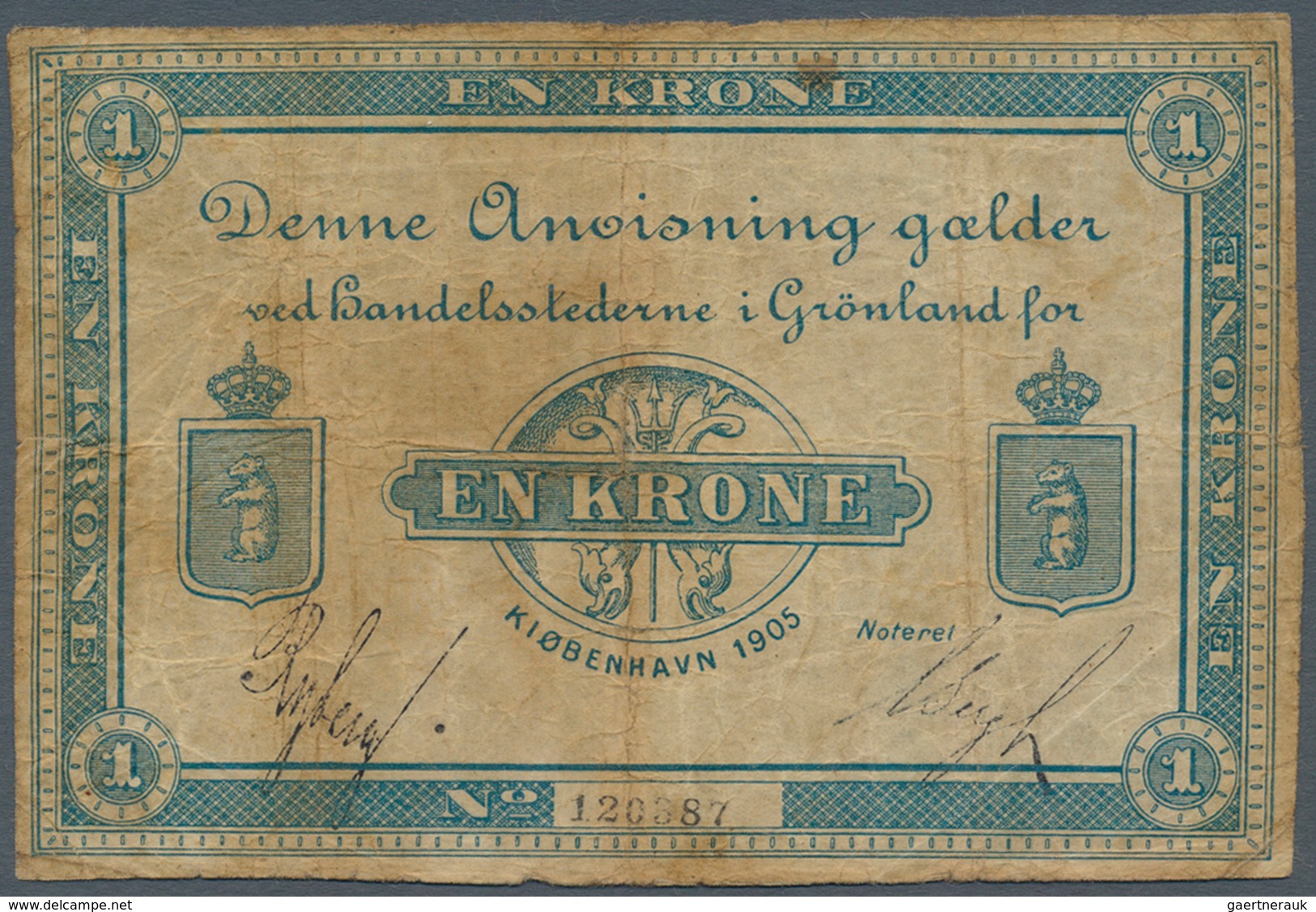 Greenland / Grönland: 1 Krone 1905, P.5e, Yellowed Paper With Small Tears At Center. Condition: F- - Groenlandia