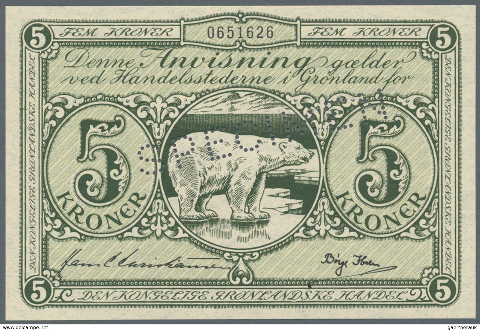 Greenland / Grönland: 5 Kroner ND(1953) SPECIMEN, P.18s, Tiny Creases In The Paper, Otherwise Perfec - Groenlandia