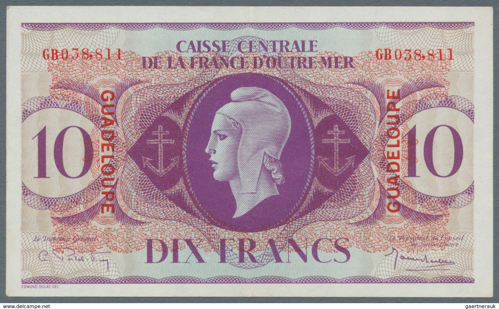 Guadeloupe: 10 Francs ND P. 27a, Center Fold, Crisp Paper, Condition: XF To XF+. - Andere - Amerika