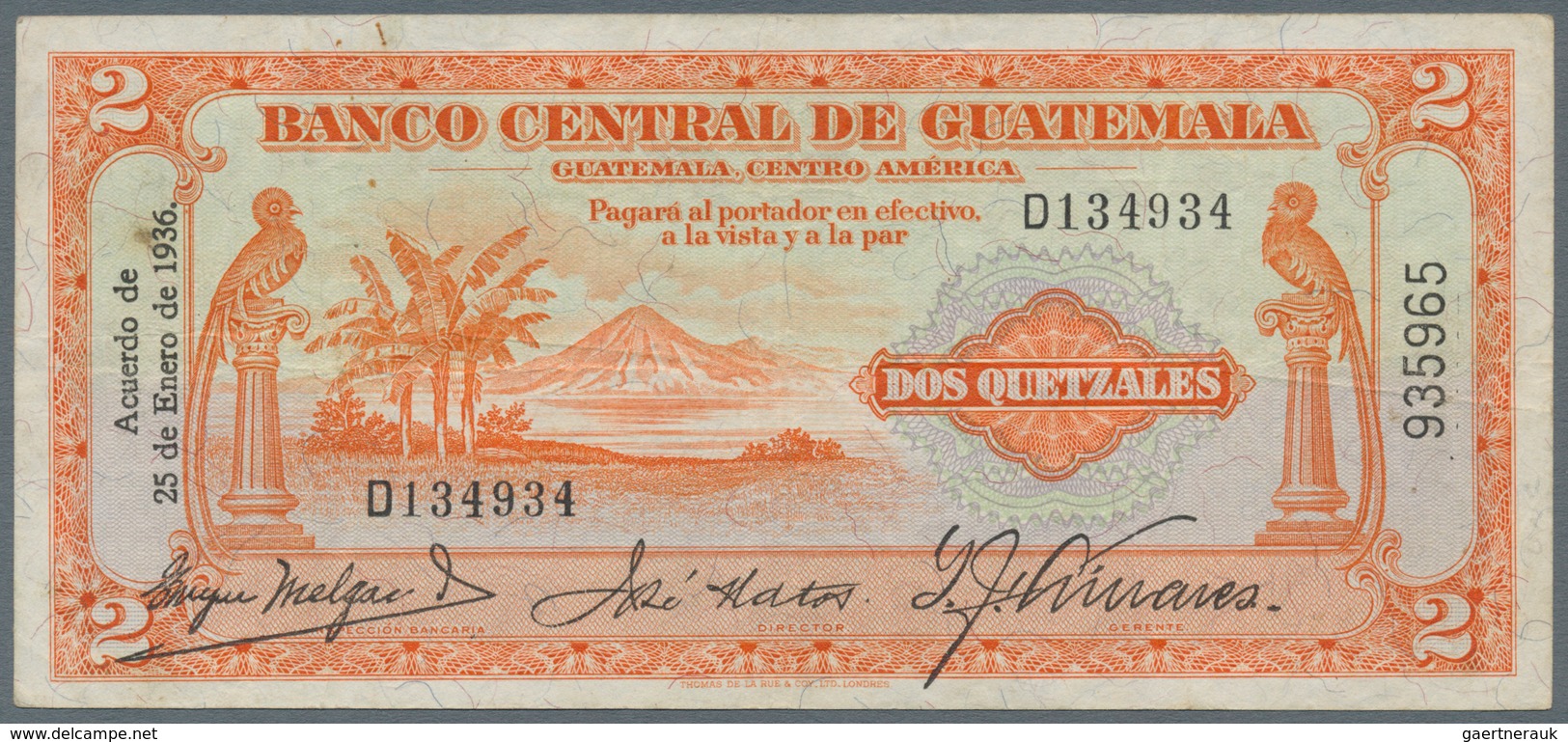 Guatemala: Rare Banknote 2 Quetzales 1936 P. 15, Used With Several Folds In Paper, No Holes Or Tears - Guatemala