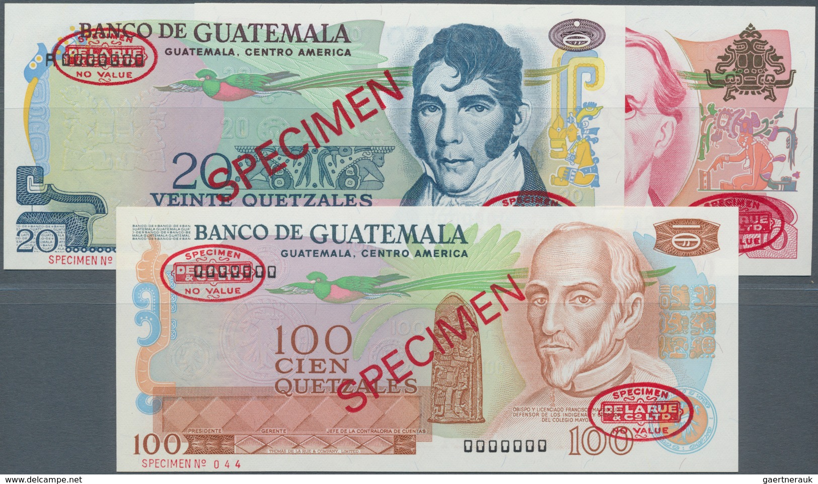 Guatemala: Set Of 3 Specimen Notes Containing 10, 20 & 100 Quetzales 1971-83 P. 61s, 62s, 64s, All I - Guatemala