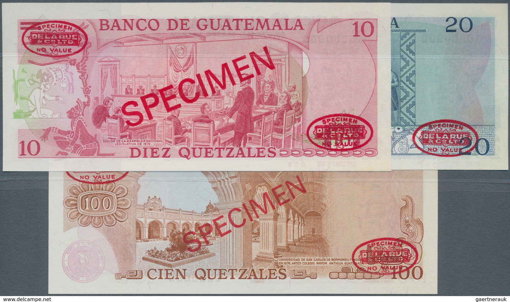 Guatemala: Set Of 3 Specimen Notes Containing 10, 20 & 100 Quetzales 1971-83 P. 61s, 62s, 64s, All I - Guatemala