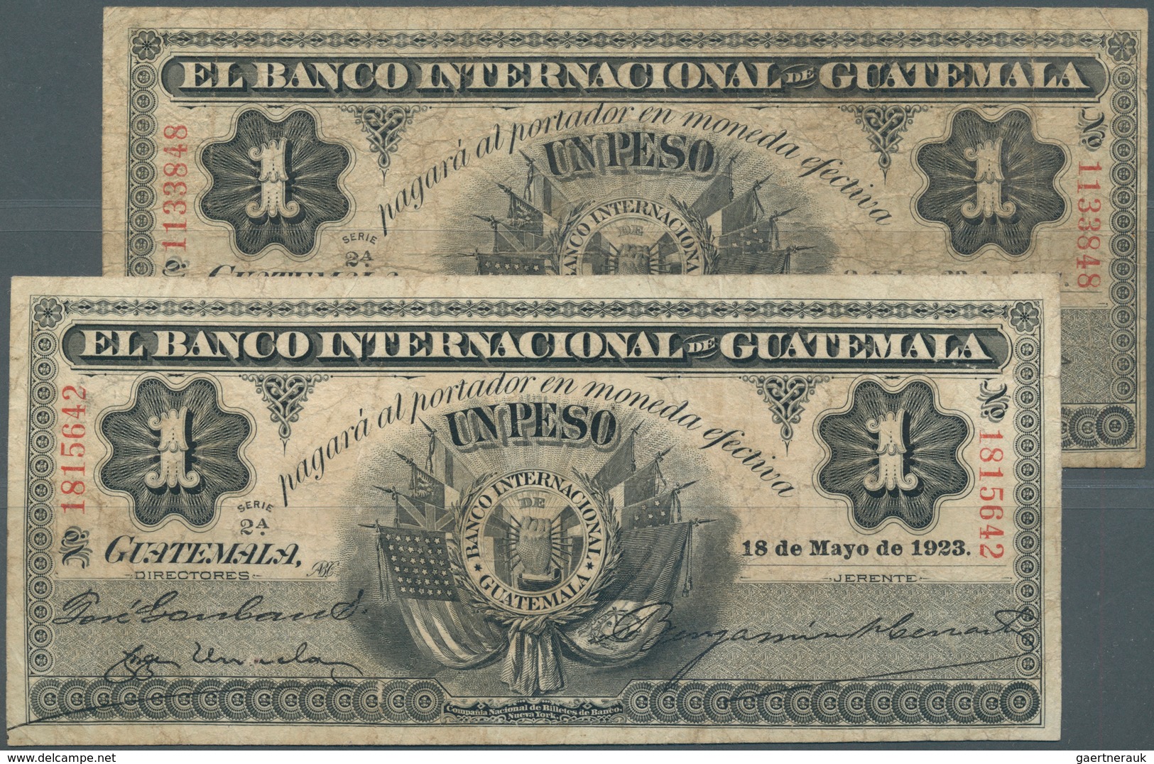 Guatemala: Banco Internacional De Guatemala Pair With 1 Peso 1917 In F- With Stained Paper And Sever - Guatemala