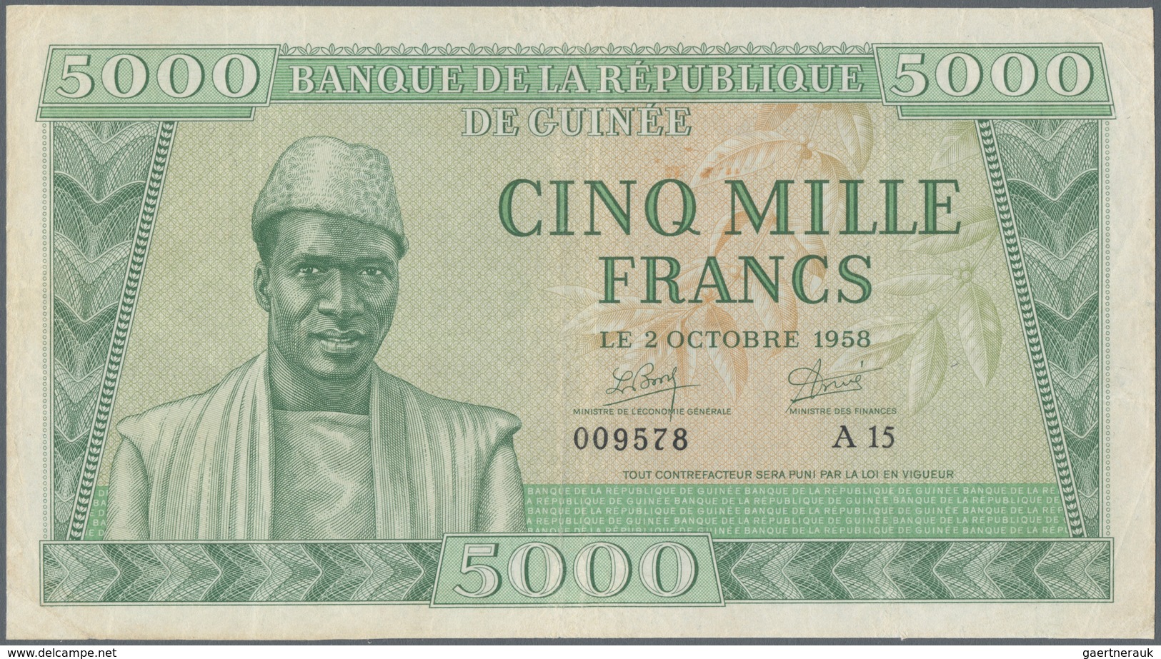 Guinea: 5000 Frans 1958 P. 10, Used With Light Folds, Pressed, Still Strongness In Paper And Nice Co - Guinea