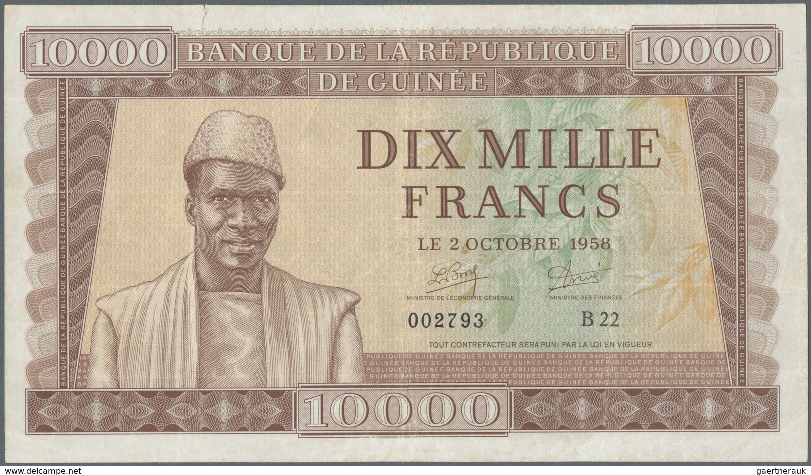 Guinea: 10.000 Francs 1958 P. 11, Used With Folds, Probably Pressed But Still Strong Paper And Nice - Guinée