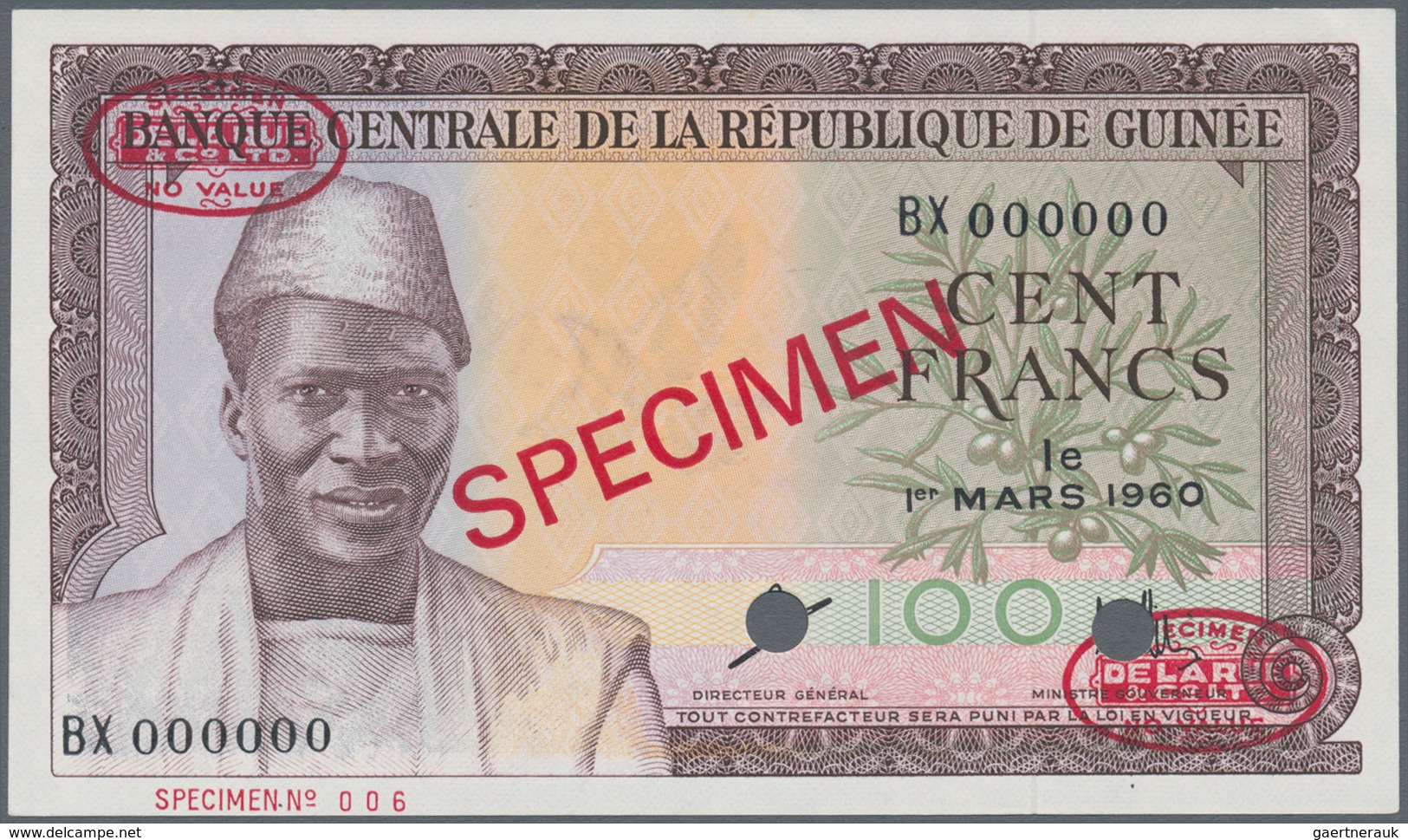 Guinea: 100 Francs 01.03.1960 Specimen P. 13s, With Specimen Overprint On Front And Back, Two Cancel - Guinee