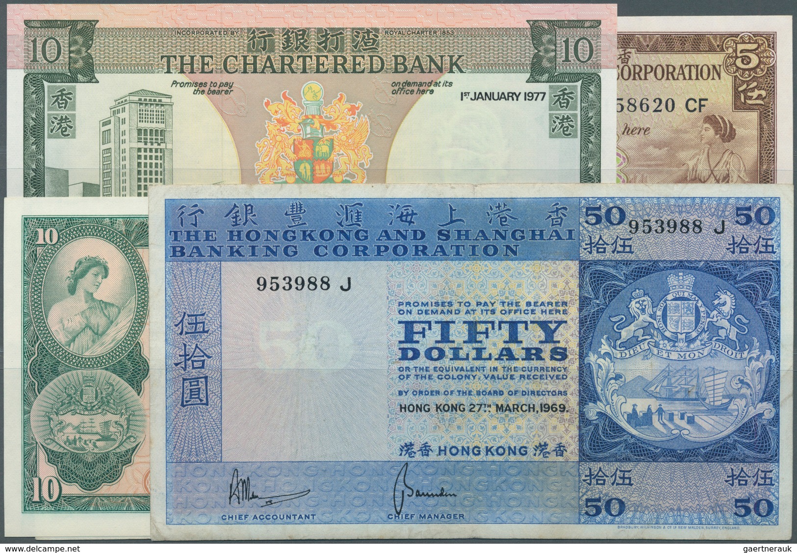 Hong Kong: Set Of 19 Banknotes Containing 10 Dollars The Chartered Bank 1977 P. 74c (UNC), 5 Dollars - Hong Kong