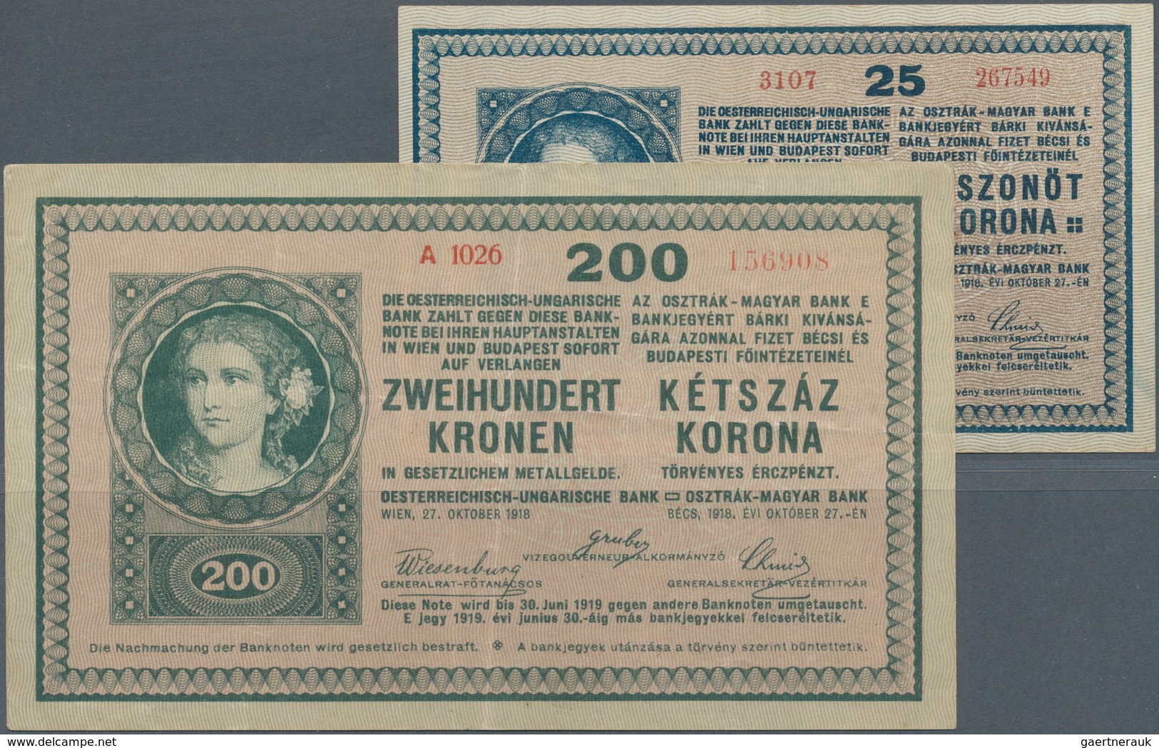 Hungary / Ungarn: Pair With 25 And 200 Korona 1918, P.13, 14, Both In Nice Condition With A Few Mino - Ungarn