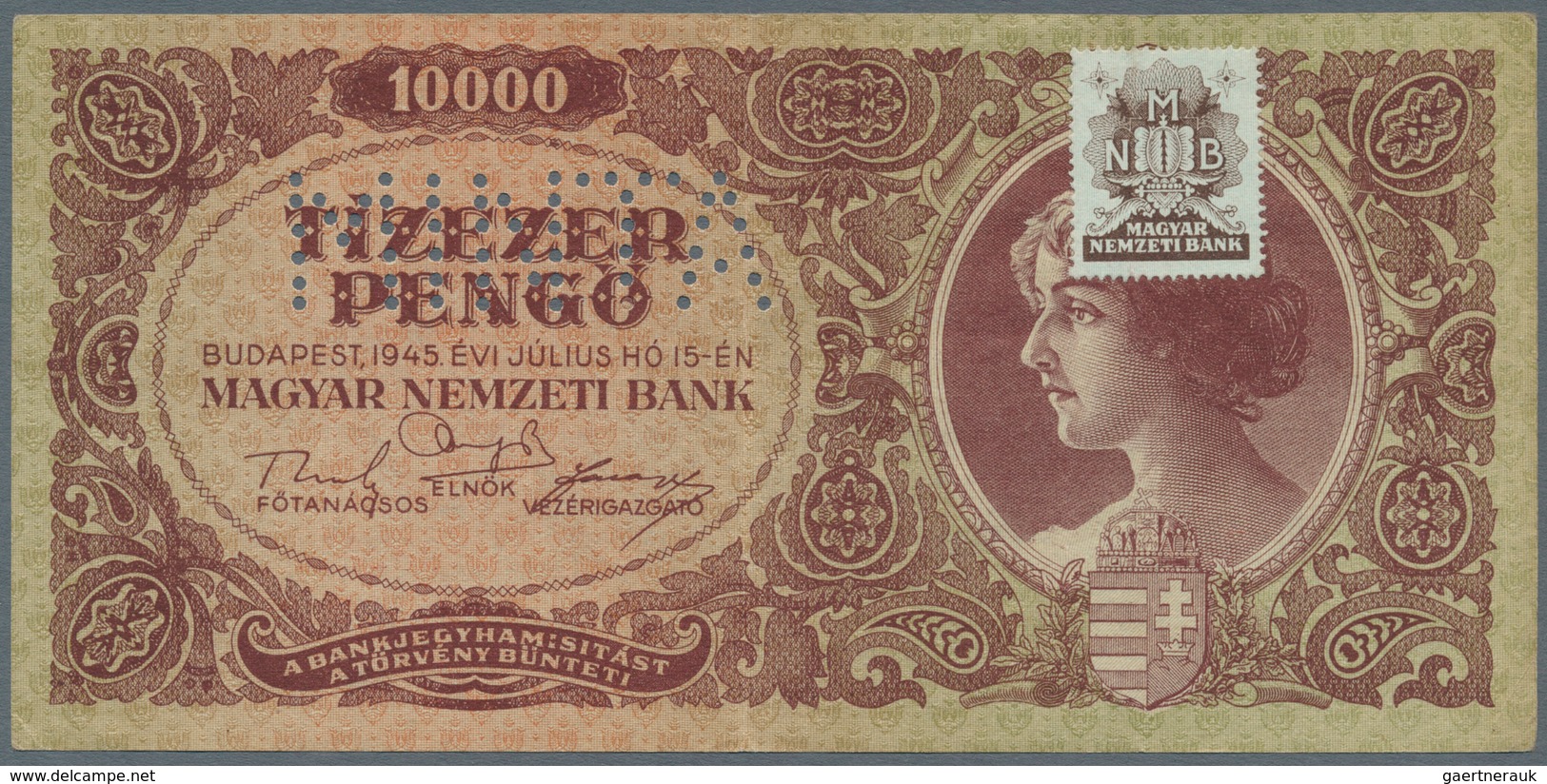 Hungary / Ungarn: 10.000 Pengö 1945 Specimen With Perforation "MINTA", P.119s, Vertically Folded And - Hungría