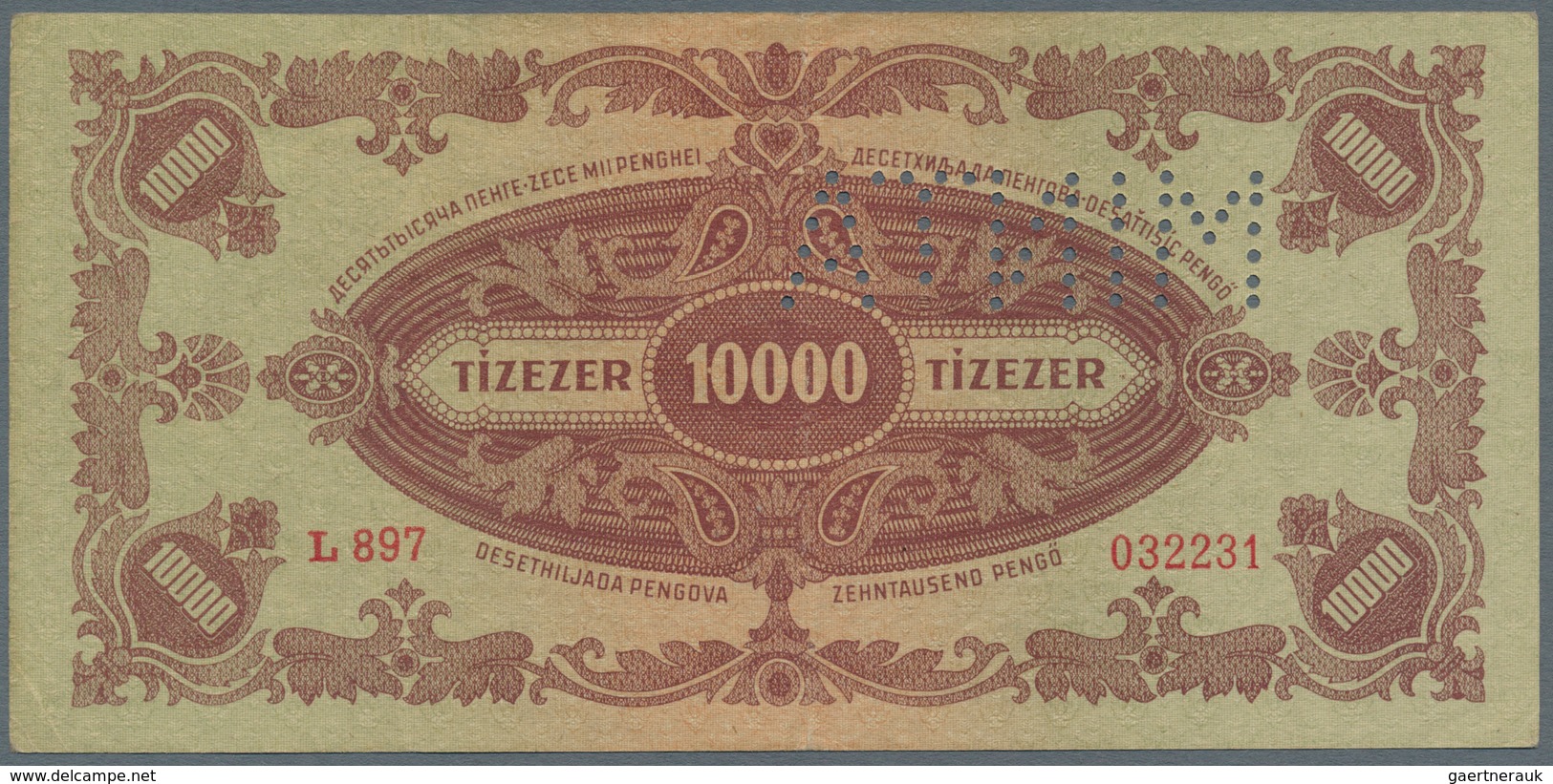 Hungary / Ungarn: 10.000 Pengö 1945 Specimen With Perforation "MINTA", P.119s, Vertically Folded And - Hongarije