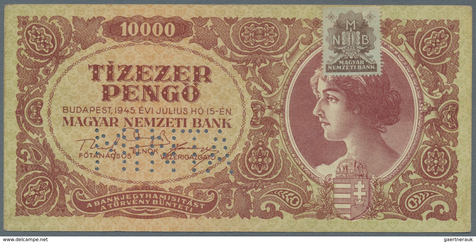 Hungary / Ungarn: 10.000 Pengö 1945 Specimen With Perforation "MINTA", P.119s, Vertically Folded And - Ungarn