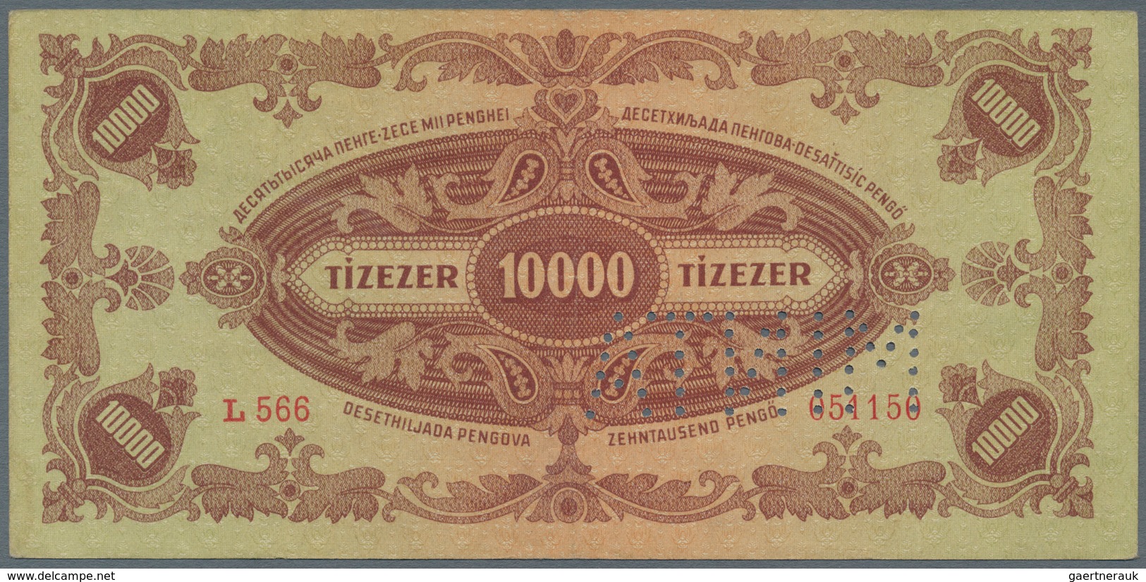 Hungary / Ungarn: 10.000 Pengö 1945 Specimen With Perforation "MINTA", P.119s, Vertically Folded And - Ungarn
