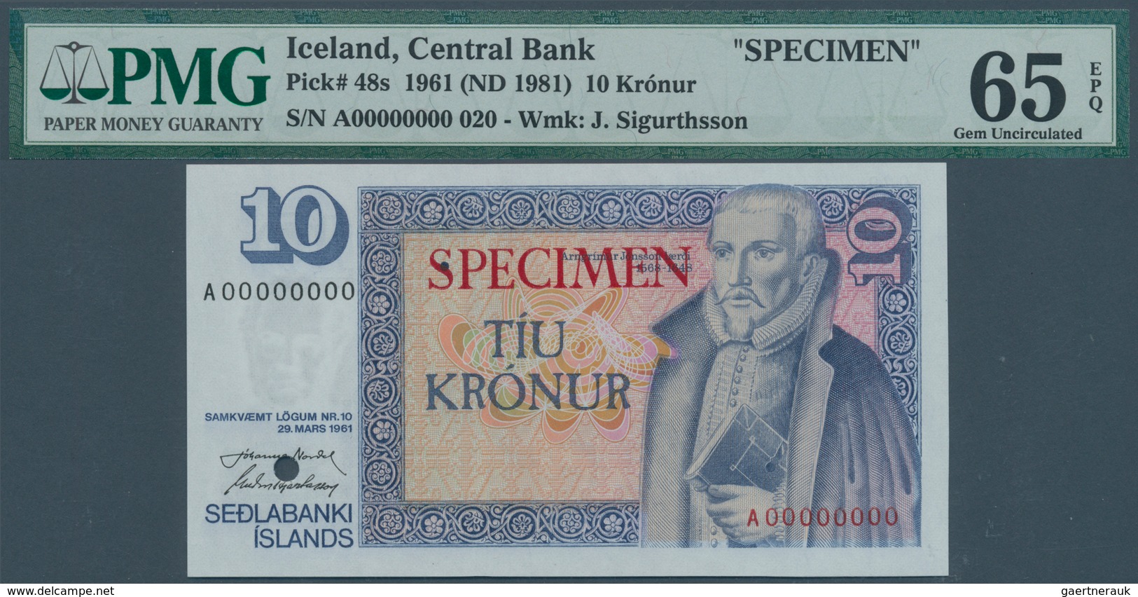 Iceland / Island: 10 Kronur L.1961 (1981) SPECIMEN, P.48s, PMG Graded 65 Gem Uncirculated EPQ - Islandia