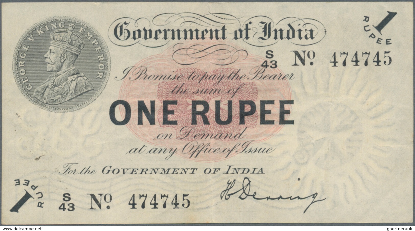 India / Indien: 1 Rupee ND P. 1c, Sign. Denning With Light Horizontal And Vertical Folds In Paper, N - Indien