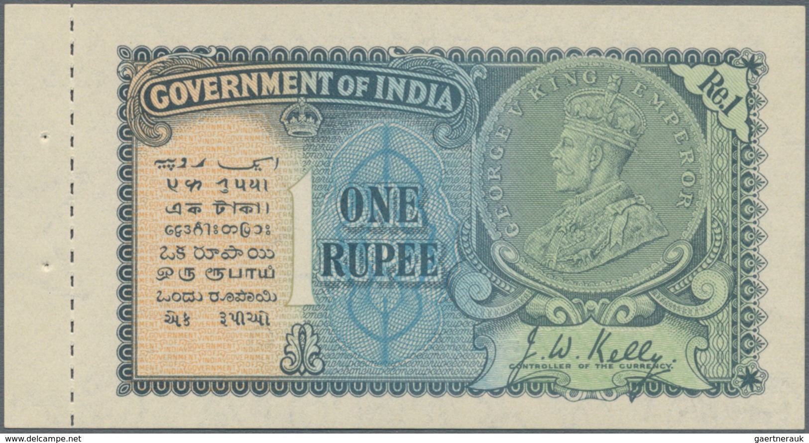 India / Indien: 1 Rupee ND Portrait KGV P. 14b With Counterfoil In Original Condition: UNC. - India