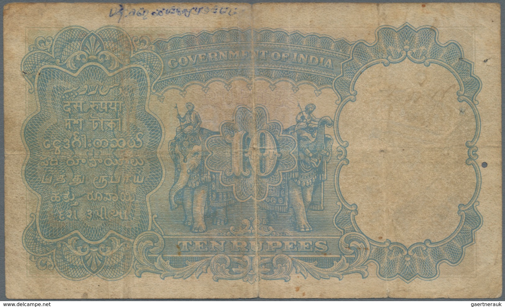 India / Indien: 10 Rupees ND(1928-32) P. 16b, Stronger Used With Strong Folds, Writings And Stain In - India