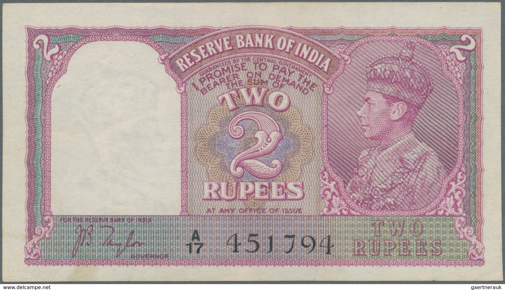 India / Indien: 2 Rupees ND(1937) P. 17a, Sign. Taylor, With 2 Light Vertical Bends, Minor Stain Tra - Indien