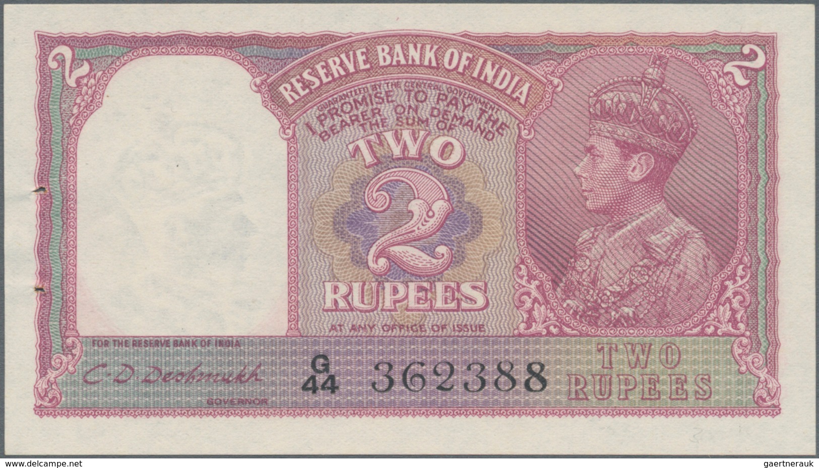 India / Indien: 2 Rupees ND(1943) P. 17b, Sign. Deshmukh, Crisp Paper, 2 Pinholes In Condition: AUNC - India