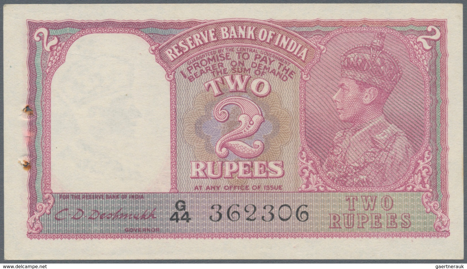 India / Indien: 2 Rupees Reserve Bank Of India ND(1937) Sign. Deshmukh In Crisp Original Condition W - India