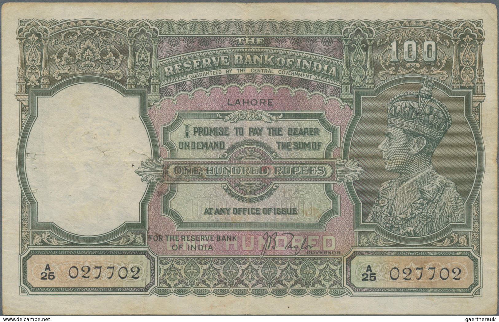 India / Indien: 100 Rupees ND(1930) Portrait KGIV P. 20, LAHORE Issue, Used With Folds And Pinholes - India