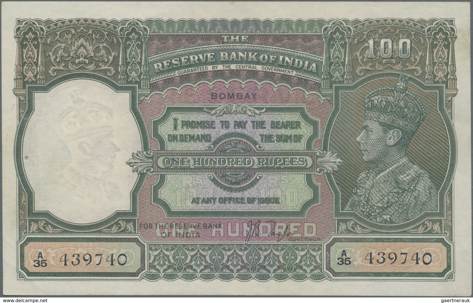 India / Indien: 100 Rupees ND(1937) Portrait KGIV P. 20a, BOMBAY Issue, Only Lightly Used With 2 Pin - Indien