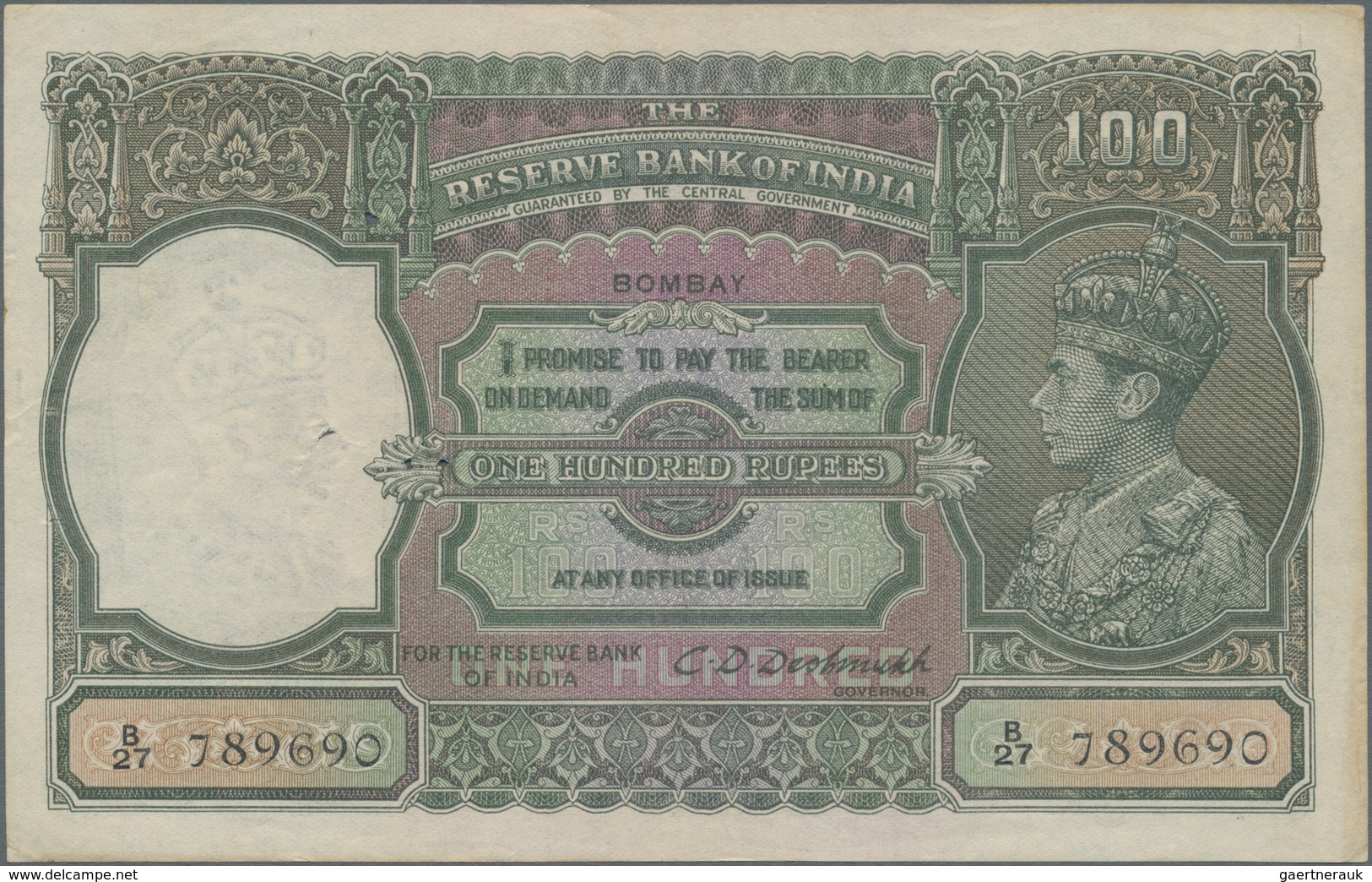 India / Indien: 100 Rupees ND(1937) Portrait KGIV P. 20b, BOMBAY Issue, Only Light Traces Of Use, Li - India