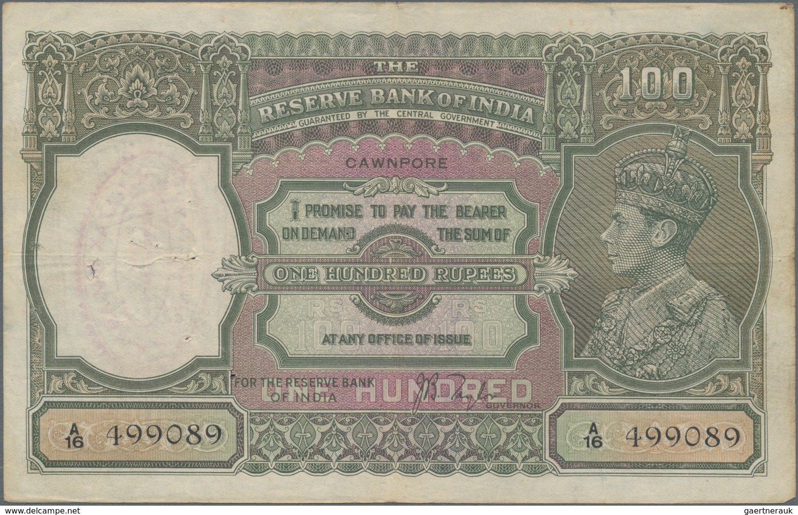 India / Indien: 100 Rupees ND(1937) Portrait KGIV P. 20g, CAWNPORE Issue, Used With Folds And Pinhol - India