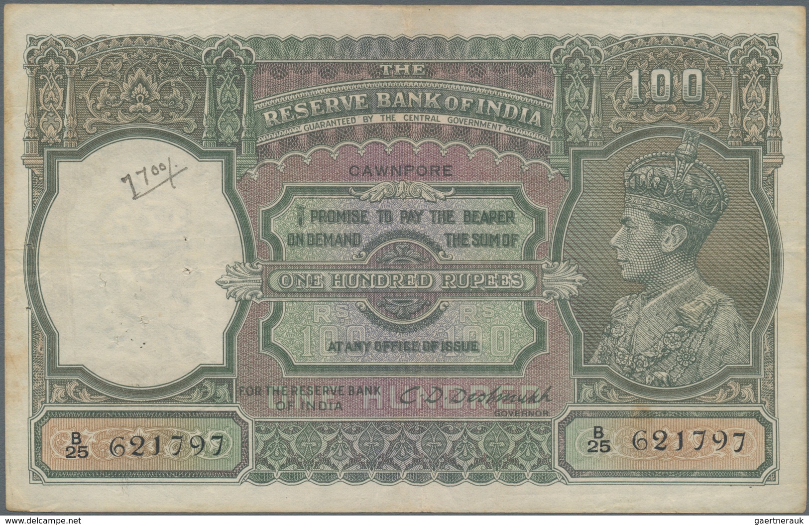 India / Indien: 100 Rupees ND Portrait KGIV P. 20h, CAWNPORE Issue, Used With Folds And Pinholes In - Indien