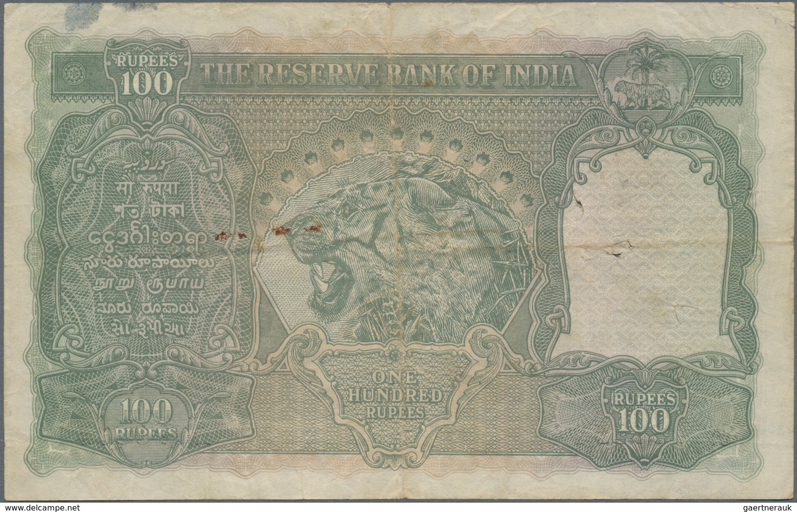 India / Indien: 100 Rupees ND(1937) Portrait KGIV P. 20, LAHORE Issue, Used With Folds And Pinholes - India