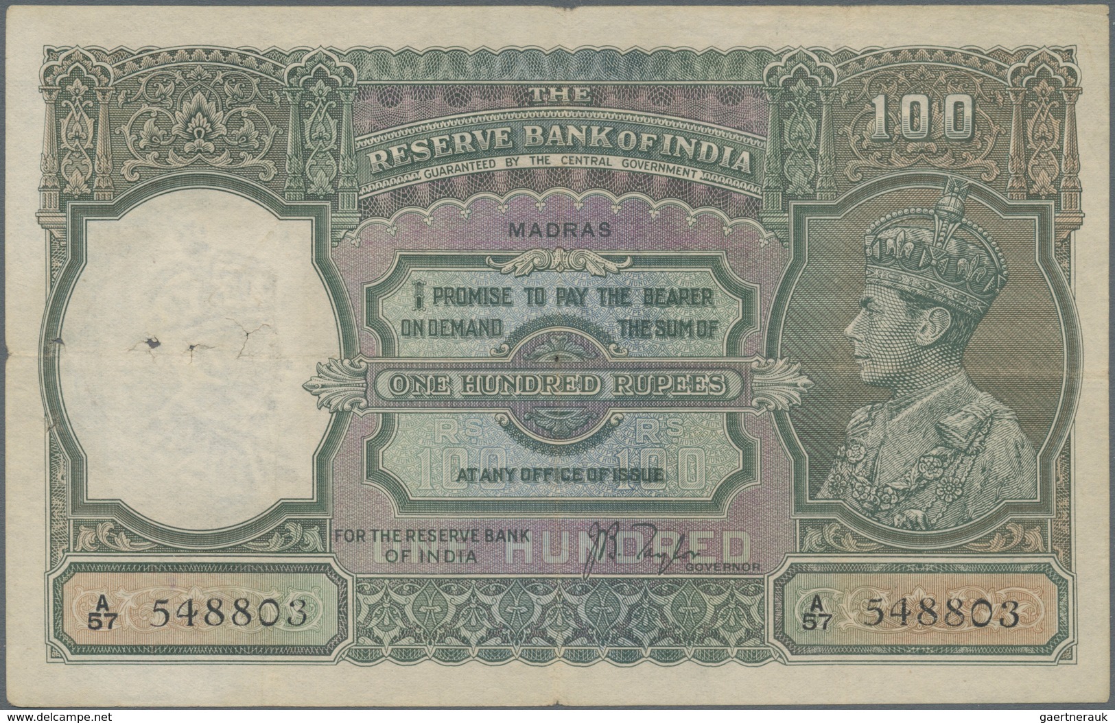 India / Indien: 100 Rupees ND(1937) Portrait KGIV P. 20n, MADRAS Issue, Used With Folds And Pinholes - India