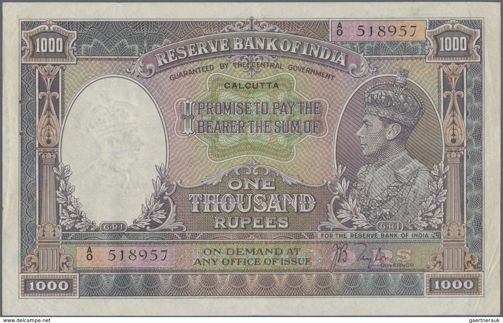 India / Indien: Rare Note Of 1000 Rupees ND(1937) P. 21b, Issue For CALCUTTA, Pinholes In Paper, Bor - India