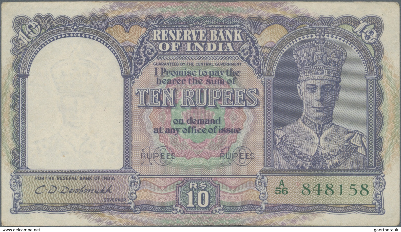 India / Indien: 10 Rupees ND(1943) P. 24, Used With Light Folds In Paper, 2 Pinholes, Still Strong P - Indien