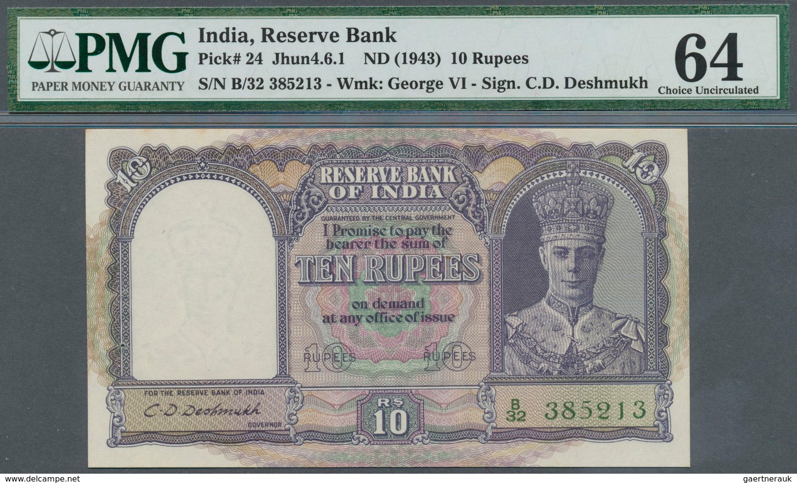 India / Indien: Set Of 3 Consecutive Banknotes 10 Rupees ND(1943) P. 24, All PMG Graded 64 Choice UN - Indien