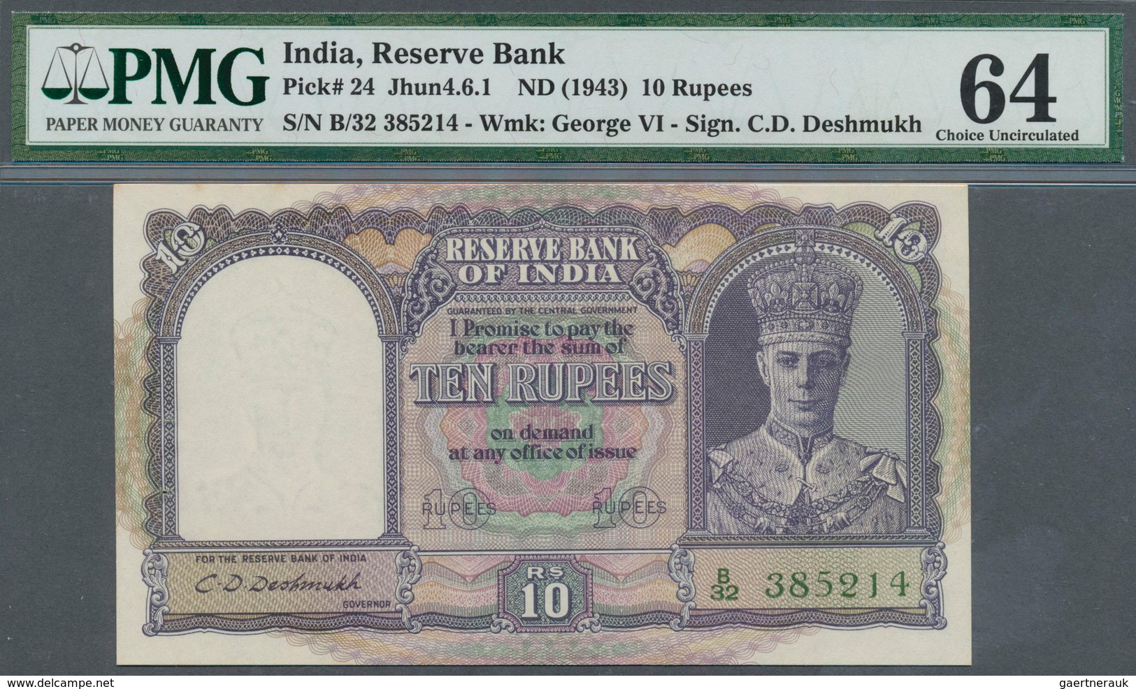 India / Indien: Set Of 3 Consecutive Banknotes 10 Rupees ND(1943) P. 24, All PMG Graded 64 Choice UN - Indien