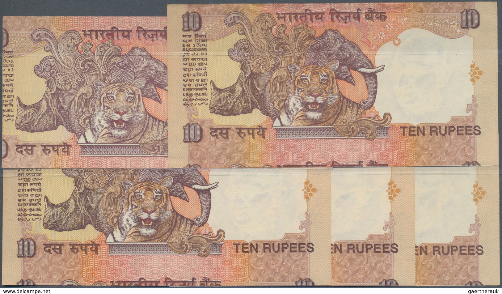 India / Indien: Set Of 5 Miscut Error Notes Of 10 Rupees 1996 P. 87c, 89c, All In Condition: UNC. (5 - India