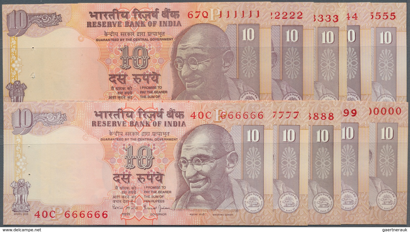 India / Indien: Set Of 10 Notes 10 Rupees ND P. 89 With Interesting Serial Numbers From 0000000 To 9 - Indien